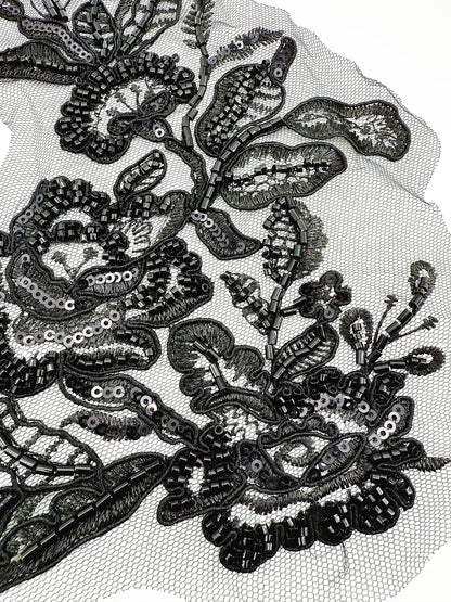 3D Beaded Floral Embroidery Appliqué on Mesh