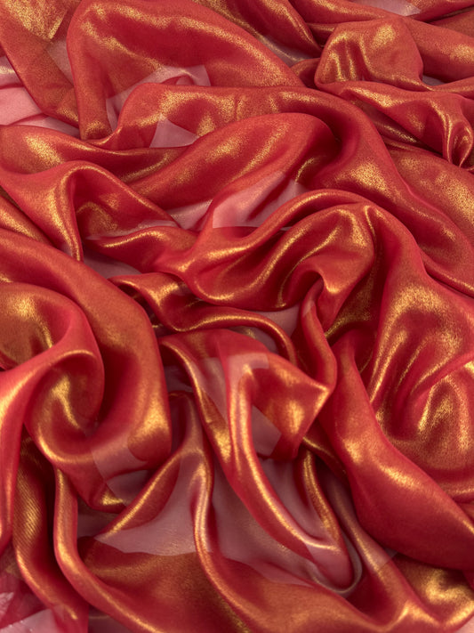 Deep Red Gold Shimmer Chiffon