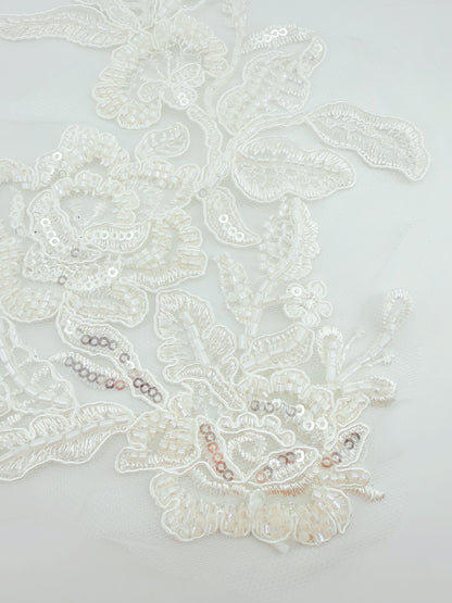 3D Beaded Floral Embroidery Appliqué on Mesh